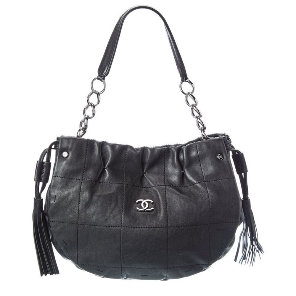 Chanel Black Quilted Lambskin Leather Stitched Fringe Hobo Bag (Authentic
